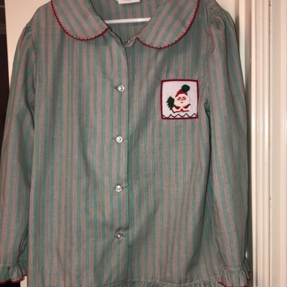 Green red and white striped girls blouse size 8 Smocked Santa Claus on the front